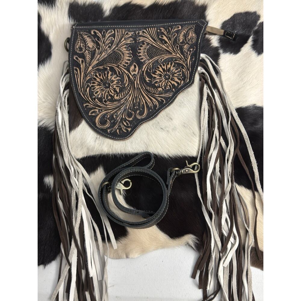 Myra Cow Hide Tooled Leather Conceal Carry Crossbody Floral Handbag Pocketbook